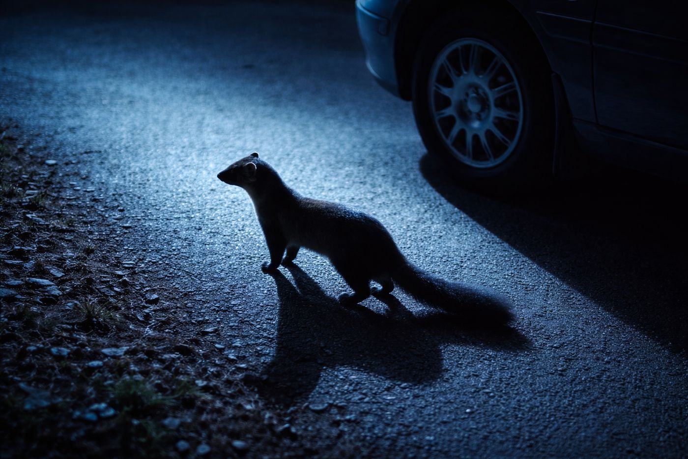 Kuna domowa na nocnej drodze